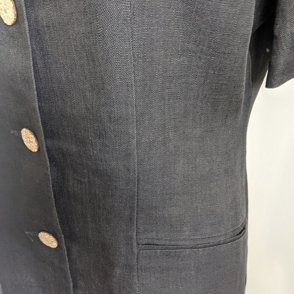 VINTAGE Black Linen Long Jacket wood buttons 8 - Picture 3 of 9
